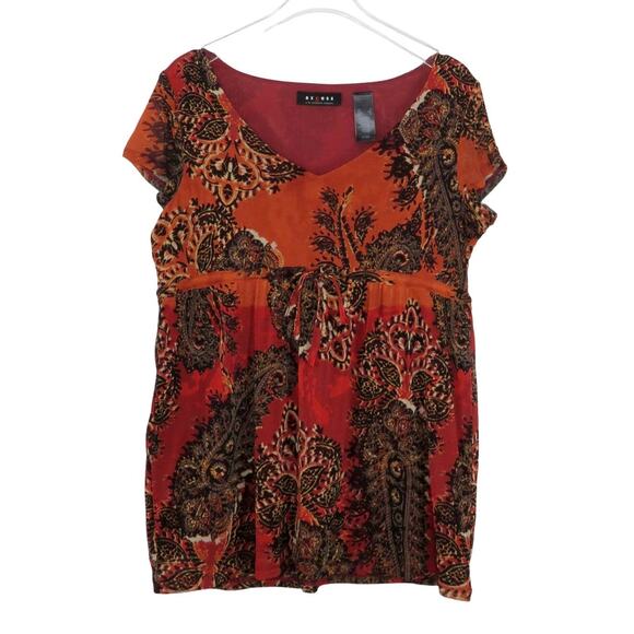 Axcess Y2K Orange Red Retro Floral Paisley Butterfly Babydoll Blouse Small - Picture 3 of 6